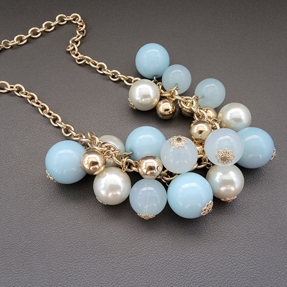 Powder Blue & Pearl Charm Cluster Necklace| Vintage Riviera Glam | Feminine Luxe - Picture 1 of 7